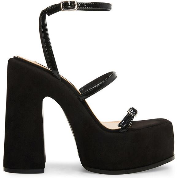 New Steve Madden Erica Platform Shoes High Heels Sandals Black Patent Straps 9.5 - Picture 1 of 5